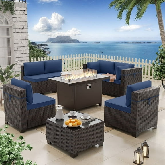 ALAULM 8 Pcs Patio Furniture Set withStainless Steel Gas Fire Pit Table, Brown/Navy Blue