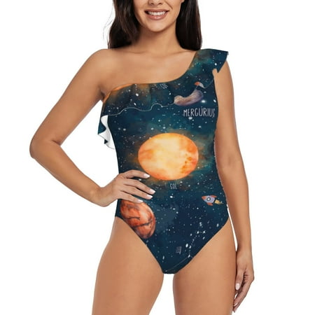 Lukts Solar System And Planets Women One Piece Swimsuits Tummy Control One Shoulder Bathing Suits Ruffle Swimwear-XX-Large