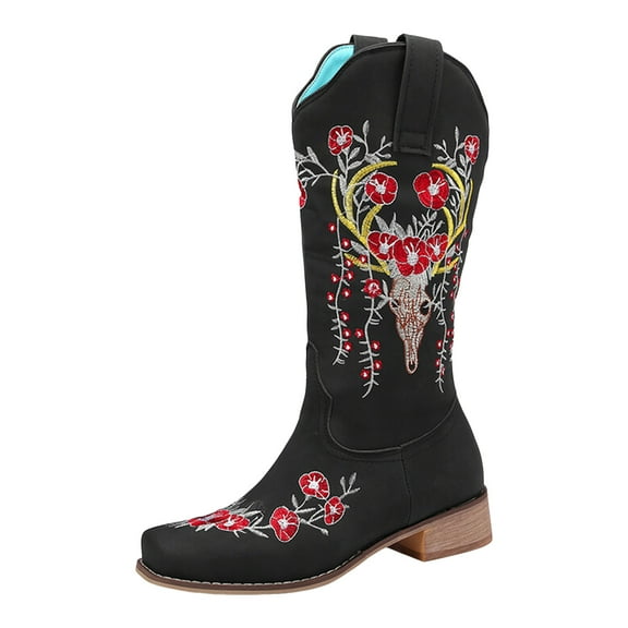 Womens Wide Calf Cowboy Cowgirl Boots with Colored Floral Embroidered Country Leather Square Toe Pull on Mid Calf Dress Tall Boots