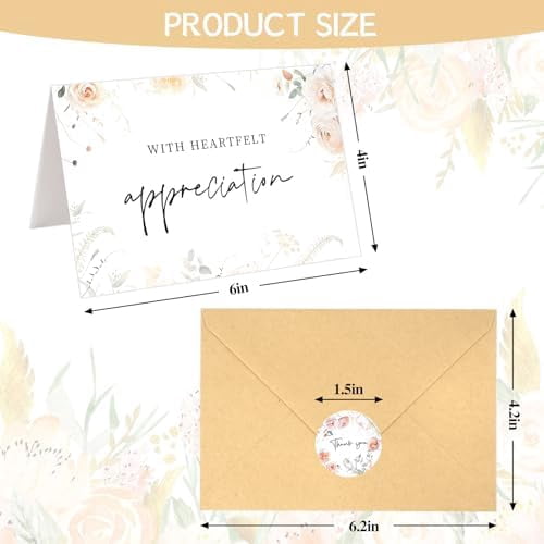 50pcs Funeral Thank You Cards with Envelopes and Matching Seal Stickers,Sympathy Thank You Cards with Message Bereavement 4×6 Inches$$Office