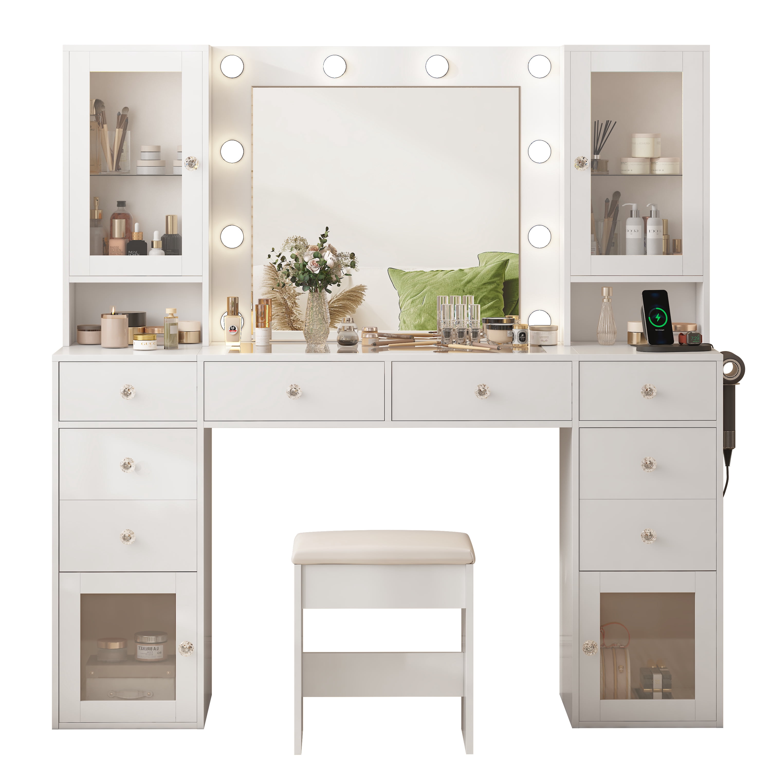 Vanity Desk Table with Lighted Mirror 55“ Girls Makeup Vanity with Power Outlet 3 Colors Lighting Adjustable Brightness Vanity Table for Women Bedroom Dressing Room White