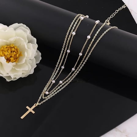 Womens Layered Pearl Cross Necklace Gold Chain Choker Dainty Multilayered Minimalist Gold Jewelry 1 Piece