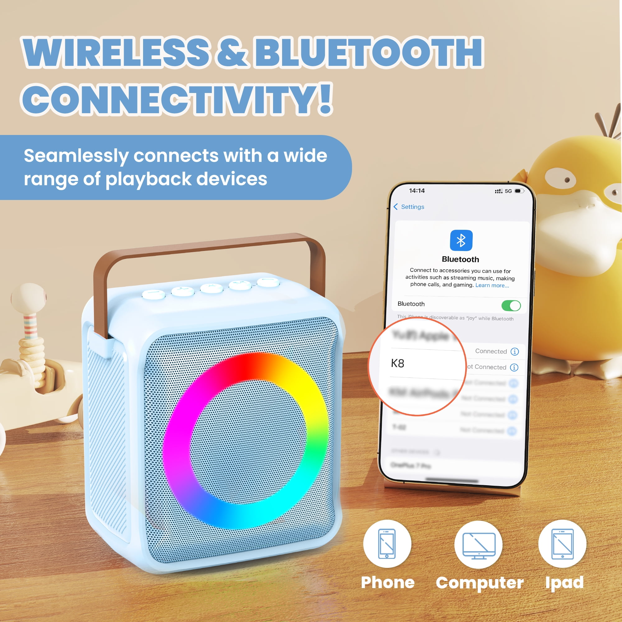 BONAOK Mini Karaoke Machine for Kids, Portable Bluetooth Speaker with 2 Wireless Microphones, Girls Gifts for Christmas Home Party, Blue