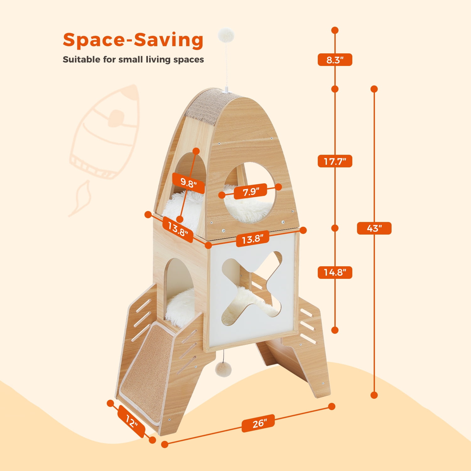 Pefilos 43" Modern Cat Tree Tower Rocket Shape, Multilevel Cat Condo for Large Cats, Cat Tower for Big and Fat Spacious, Beige