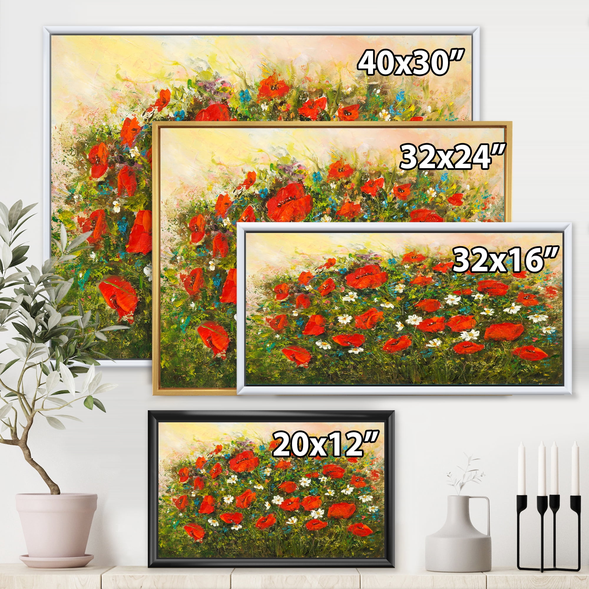 Designart 'The Fields of Red Wildflowers' Traditional Framed Canvas Wall Art Print