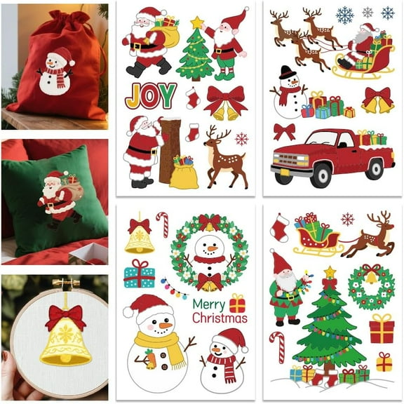 4 Sheets Christmas Tree Colorful Water Soluble Hand Sewing Stabilizer for Fabric Stitch Practice Santa Claus Embroidery Stickers Milu Deer Wash Away Stabilizer for Beginners