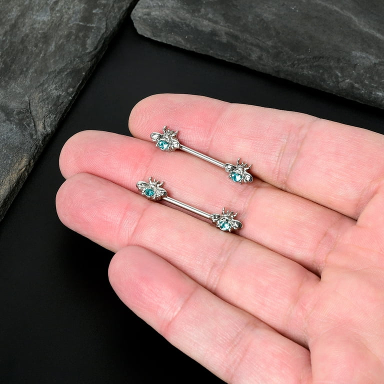 Body Candy 14G Womens Piercing Steel 2Pc Bee Beautiful Insect Blue Nipple Ring Set 9 16