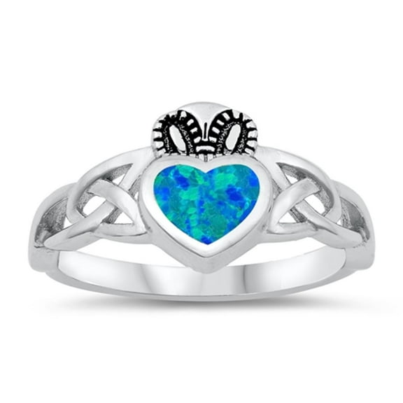 CHOOSE YOUR COLOR Celtic Claddagh Heart Blue Simulated Opal Ring 925 Sterling Silver Band CZ Female Size 9
