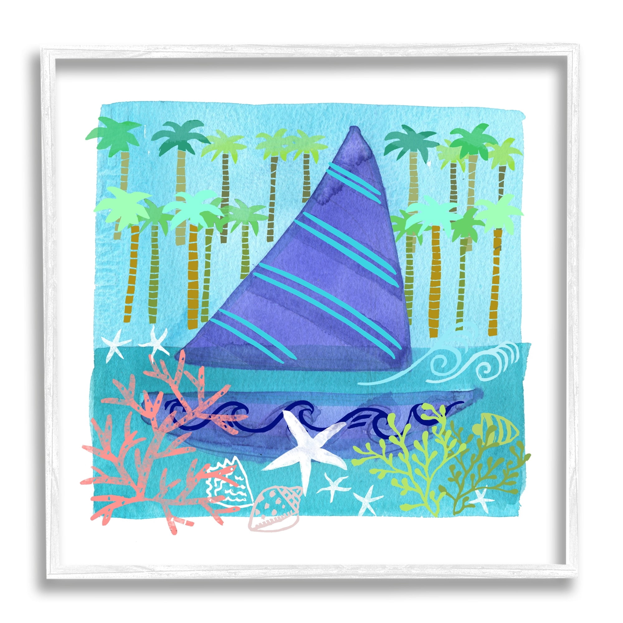 Stupell Industries Funky Sailboat Coastal Layered Palm Trees Seashells Graphic Art White Framed Art Print Wall Art, Design by unknown