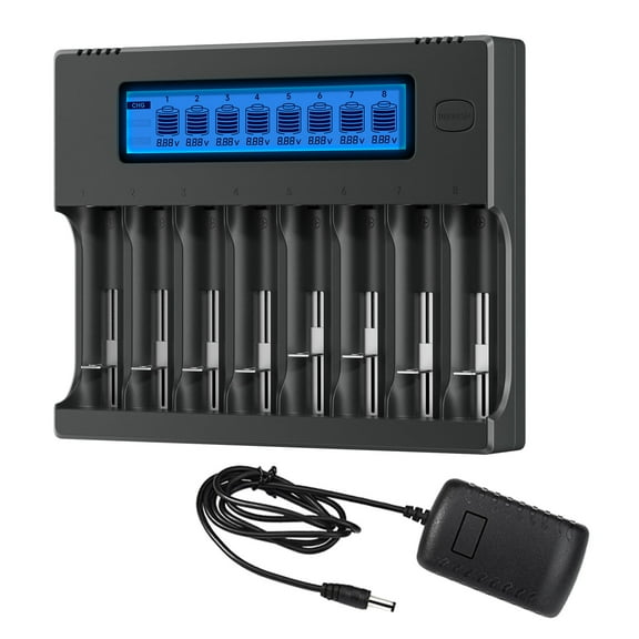 CITYORK 8 Bay LCD Battery Charger for Rechargeable 3.7V Li-ion 16340 17670 18500 17500 17335 Batteries with DC 12V 5A Adapter