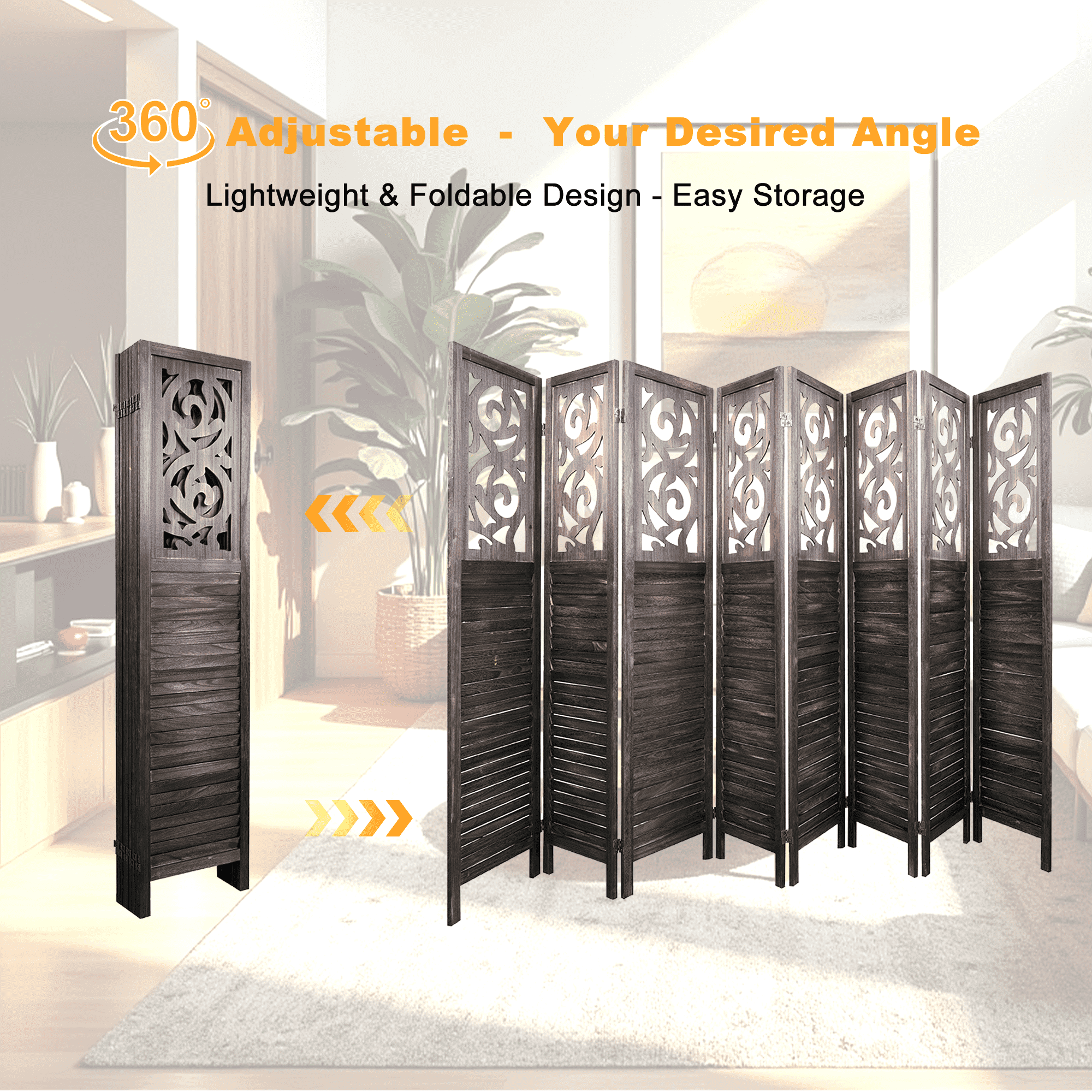 MAYEERTY 8 Panel Freestanding Room Dividers, 6FT Carved Wood Folding Privacy Screens, Rustic Brown