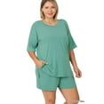 thumbnail image 2 of Zenana Women & Plus Relaxed Fit Drop Shoulder Tee Shirt Top & Drawstring Waist Short Lounge Set, 2 of 4