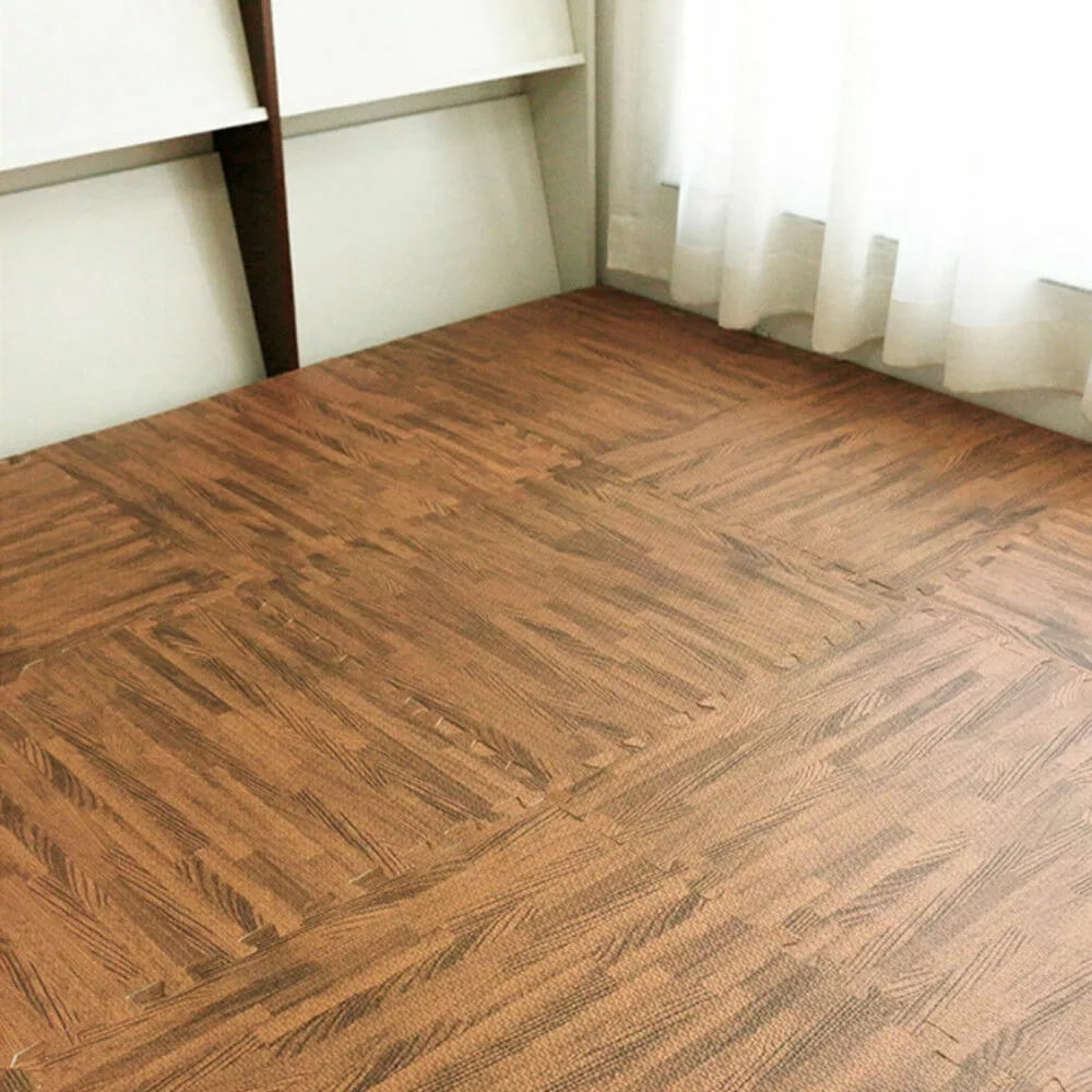 Wood Grain Floor Tiles Foam Mat EVA Interlocking Mats Tile 3/8-Inch Thick Flooring Wood Puzzle Exercise Mats w/Borders - Home Playroom Basement, Apartment, Trade Show, kids, Dance