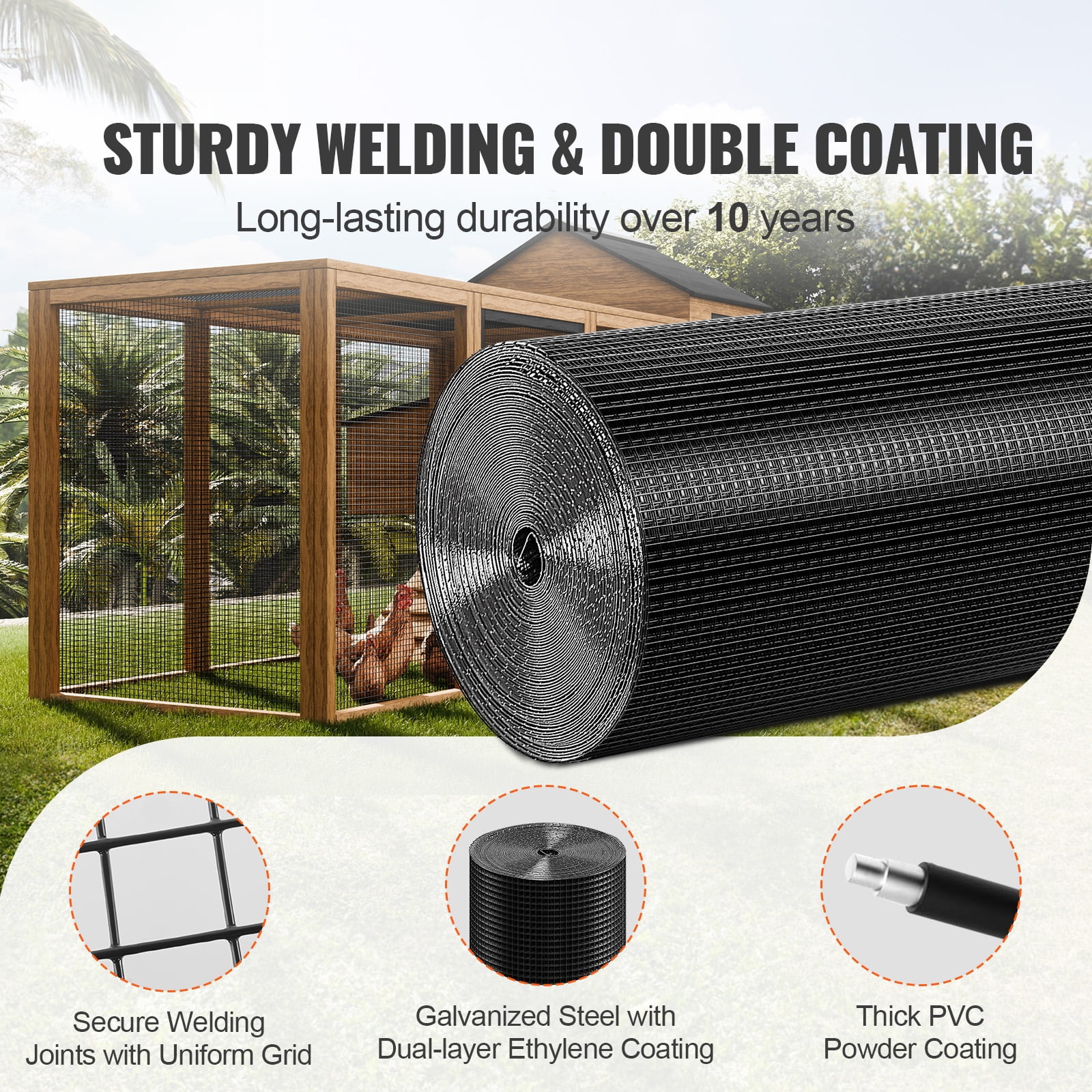 KFFKFF Galvanized Wire Mesh Roll, 24'' x 100', 19 Gauge Metal Mesh with Vinyl Coating for Chicken Coop Barriers, Rabbit Fences, Snake Protection, and Poultry Enclosures