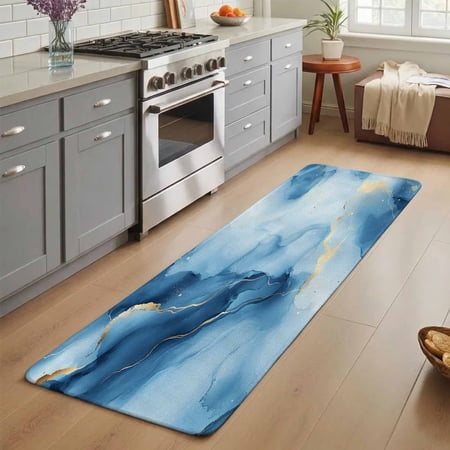 Blue Marble Washable Runner Rug 2X5 ft Abstract Modern Art Blue Gradient Waves Non-Slip Hallway Runner Rug Linen Kitchen Runner Mats Indoor Floor Carpet for Entryway Bathroom Bedroom Living Room