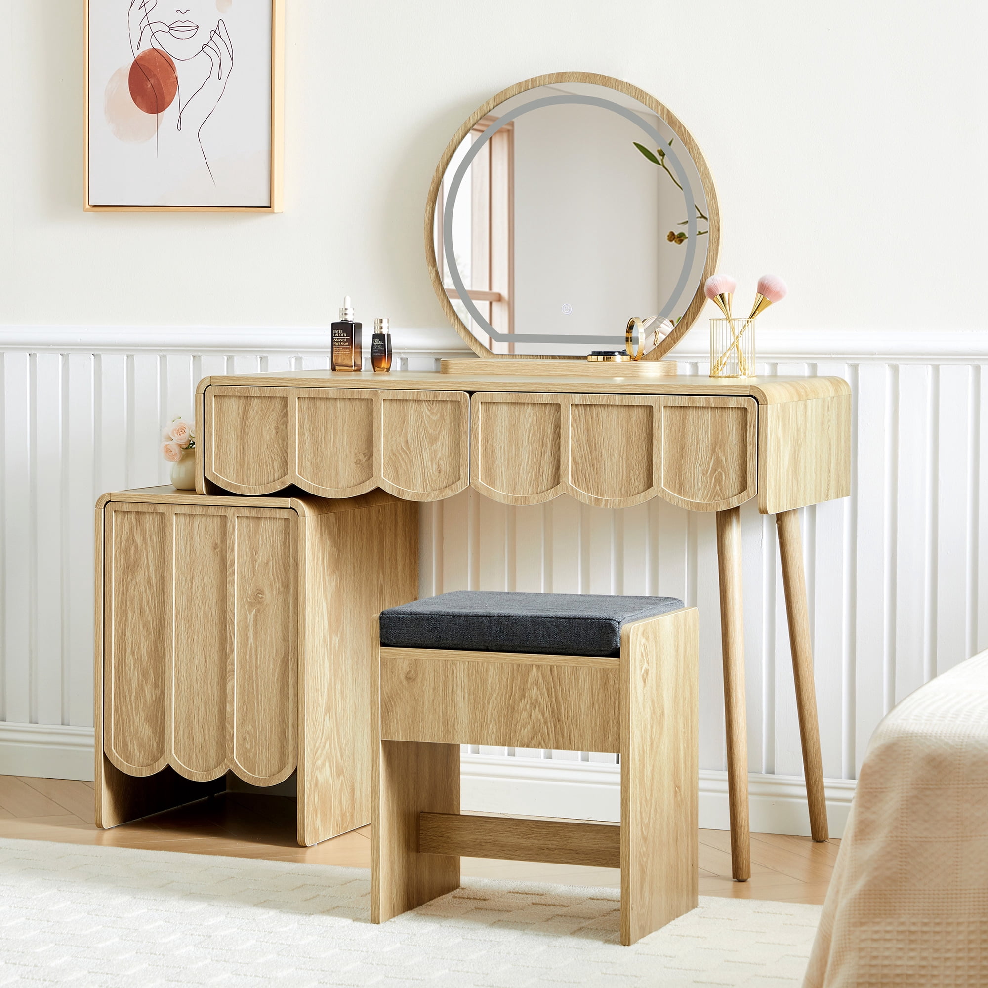 Wirrytor Farmhouse Vanity Desks with Light Mirrors, Makeup Vanity with 2 Drawers and 1 Storage Cabinet, Vanity Set for Bedroom, Wave Panel ,Walnut
