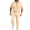 thumbnail image 1 of Conjunto Corto de Hombres 2 Piezas Trajes de Moda Color Sólido Manga Corta Turndown Collar Conjunto, Traje de Ocio con Cordón de Bolsillo, 1 of 5