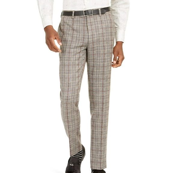 Tallia Men's Slim Fit Brown Plaid Flannel Suit Pants Brown Size 32X32