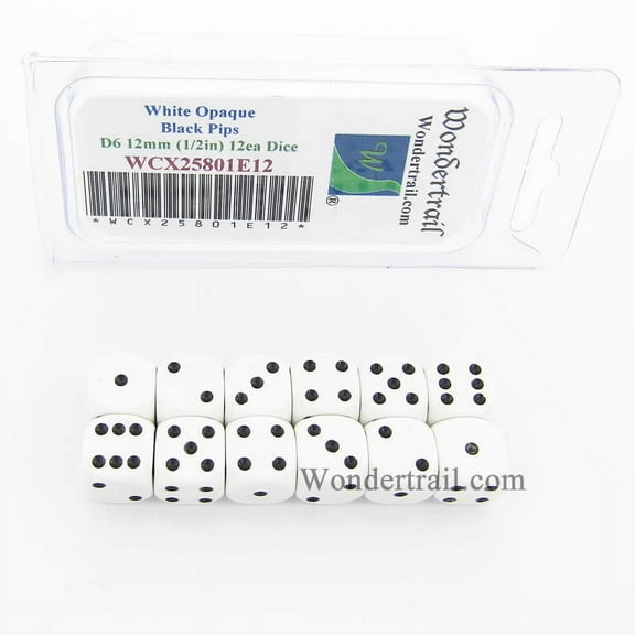 White Dice with Black Pips D6 12mm (1/2in) Pack of 12 Wondertrail