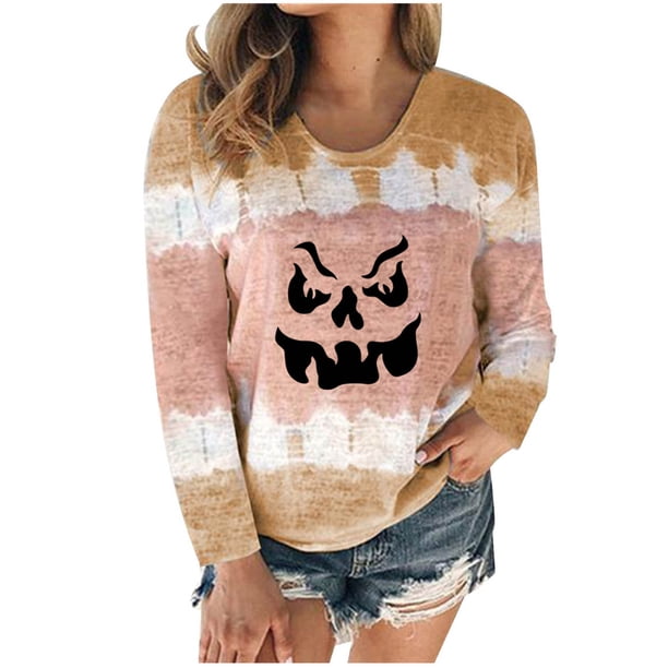 Blusa casual de manga larga con cuello redondo para mujer Tops estampados de Halloween Fridja fjkfkj782