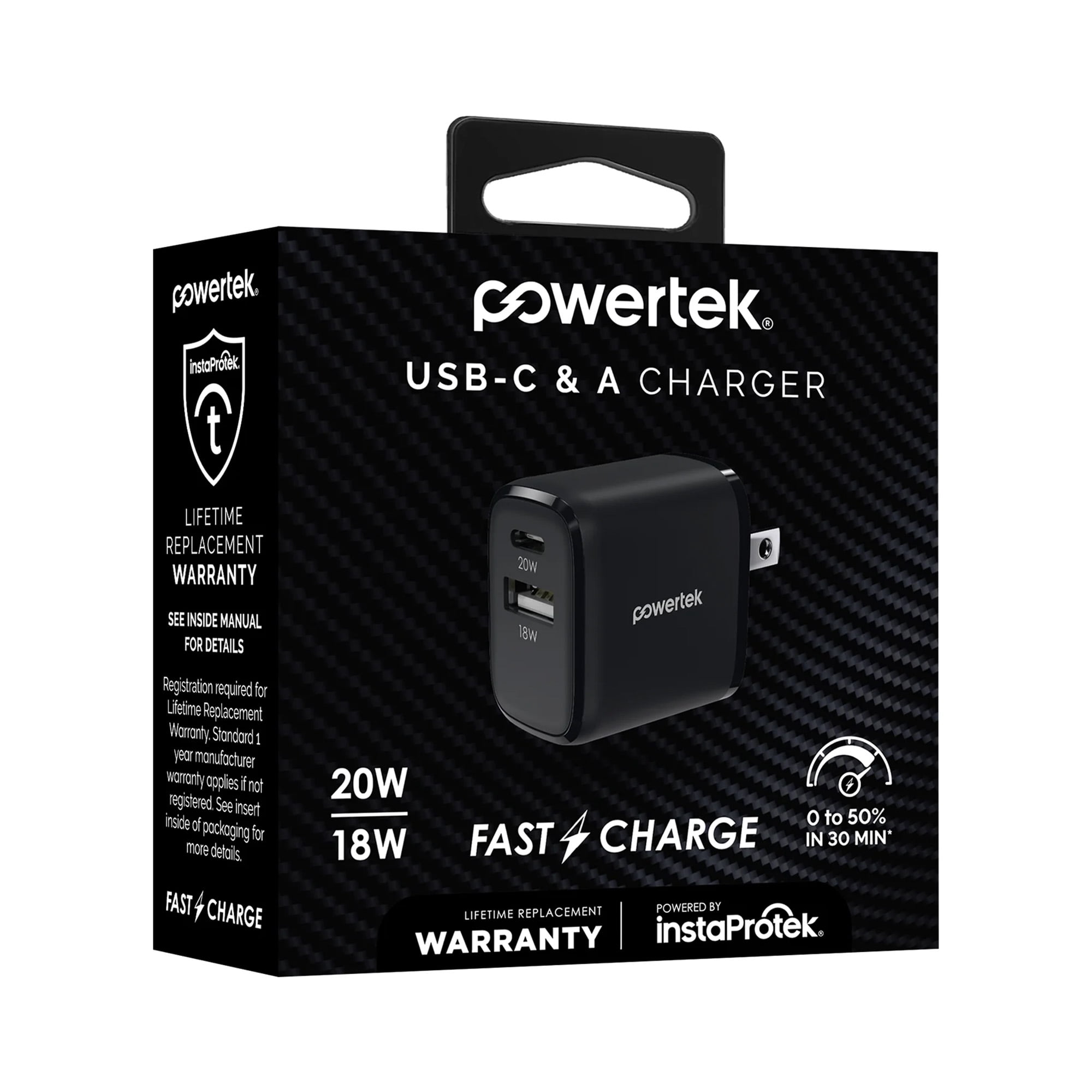 Powertek 20W USB-C PD + USB-A Dual Port Wall Charger, Carbon Design, Black