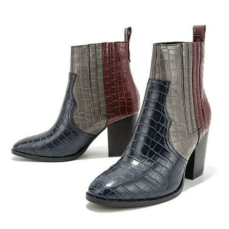 

BCMMKLPP Ankle Boots For Women Pointed Toe Short Booties Chunky Heel Fashion Boots Casual Shoes Dark Blue 40