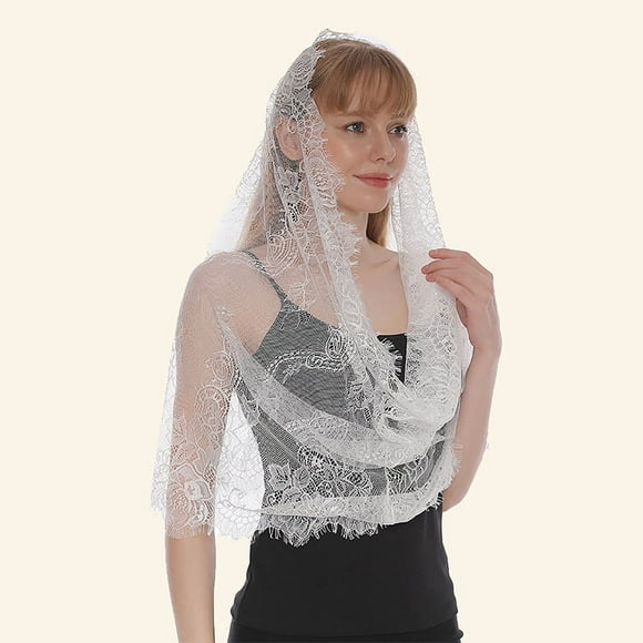 Zhuge Spanish Style Lace Traditional Vintage Inspired Infinity Shape Mantilla Veil Latin Mass Head Covering,White