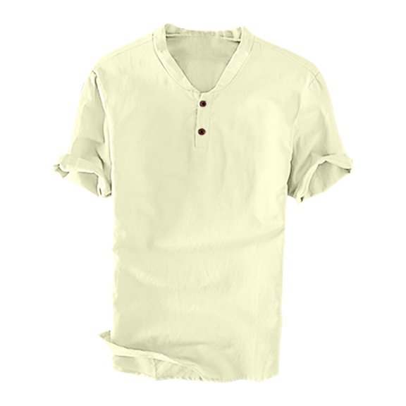 WREESH Men's Casual Linen Shirt Short Sleeve Solid Color Cotton Linen with Foldable Collar for Turndown Look Khaki
