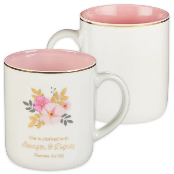 Christian Encouragement Gifts for Women - Pink Coffee Mug with Gold Metallic Accents and Scripture Verse"Strength and Dignity" Proverbs 31:25 Cute Coffee Mug for Women (14-Ounce Ceramic)