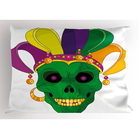 Mardi Gras Pillow Sham Scary Looking Green Skull Mask with Carnival Hat Beads and Earring Cartoon Style, Decorative Standard Queen Size Printed Pillowcase, 30 X 20 Inches, Multicolor, by Ambesonne