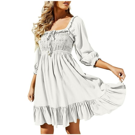 Olyvenn Womens Tunic Mini Babydoll Vacation Dress Drawcord Hollow Open Back Lace-up Smocked Trendy Summer Bubble Sleeve 3/4 Sleeve Prom Dresses for Women Retro Solid Sundress Fashion White 4