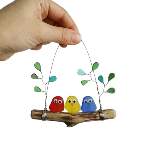 Sea Glass Bird Wall Art on Driftwood Branch, Handmade Colorful Sea Glass Birds Decor, Coastal Beach Wall Decor for Home, Rainbow Sea Glass Bird Perch Art, Unique Gift for Nature Lovers