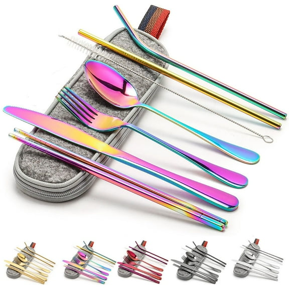 Deago 8 Pieces Stainless Steel Flatware Set Portable Utensils Travel Camping Cutlery Set Include Knive Fork Spoon Chopsticks Straws Brush Portable Case (Colorful)