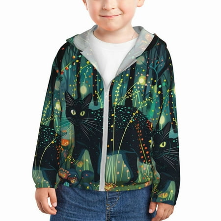 

Goofa Mystical Black Cat Fireflies Printed Kids Zip-Up Hoodie Girls Boys UPF50+ Sun Protection Jacket Hooded Cooling Shirt-4 Years