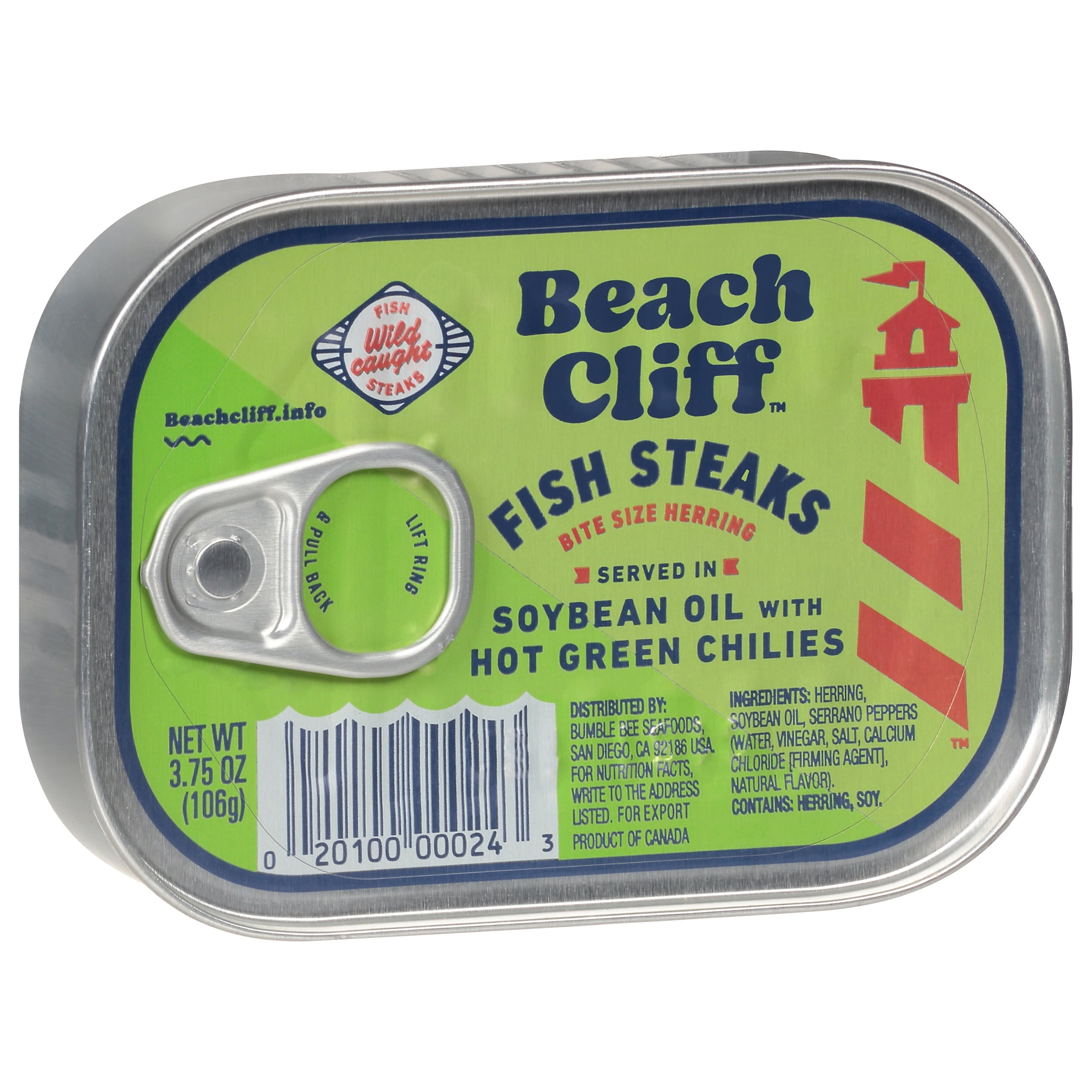 Beach Cliff Wild Caught Fish Steaks in Soybean Oil with Hot Green Chilies, Gluten Free, 16g Protein Per Serving, Bite Sized Herring, Shelf Stable Tin Can, 3.75 oz
