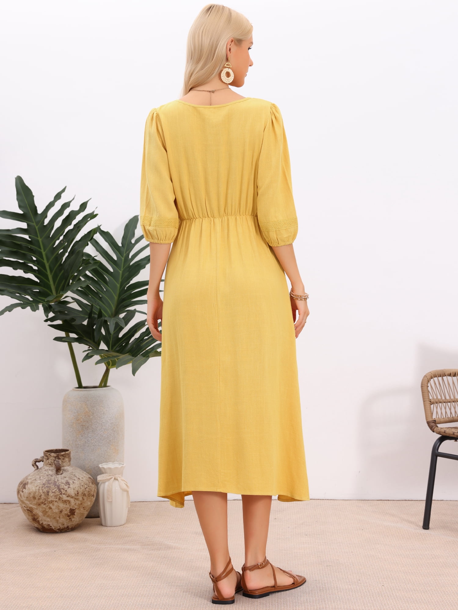 DARING DIVA Women's Boho Midi Casual Crew Neck Crochet Panel 3/4 Sleeve Dress XL Yellow
