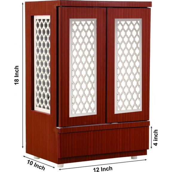 CT&M Enterprises Customized Brown Wooden Temple with Doors and LED Lights for Home & Office Wall Hanging and Tabletop Puja Mandir 18x12x10 Inches