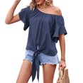 thumbnail image 1 of Top de mujer con cuello redondo, mangas cortas con volantes, dobladillo con lazo, camiseta informal holgada y cómoda de verano para el trabajo, cita diaria, azul oscuro M, 1 of 5