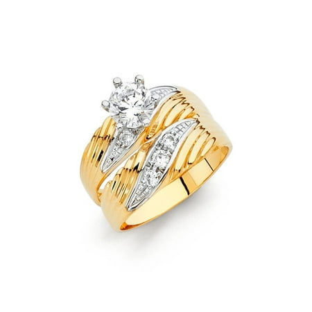 2 Tone Gold Ring (14K Solid Two Tone Gold 2 Piece Set Brilliant Cut Solitaire Cubic Zirconia Wedding Engagement Ring, Size)