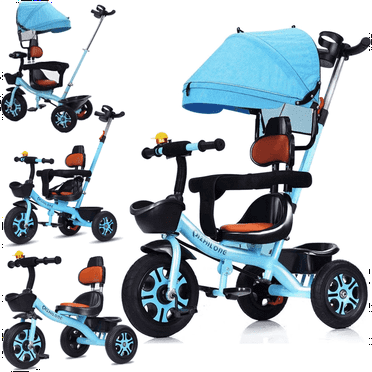 EOTVIA Kids Tricycle, 4-in-1 Toddler Tricycle with Push Handle and Removable Canopy, Tricycles for Toddlers Kids 1-4 Years Old Boys Girls Birthday Xmas Gift with Bottle Cage/Adjustable Pedal/Baskets
