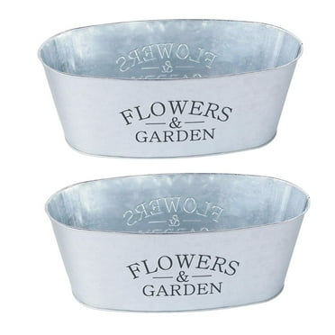 Mini Metal Farmhouse Oval Shaped Garden Planter Pail - ''Flowers & Garden'' Set of 2