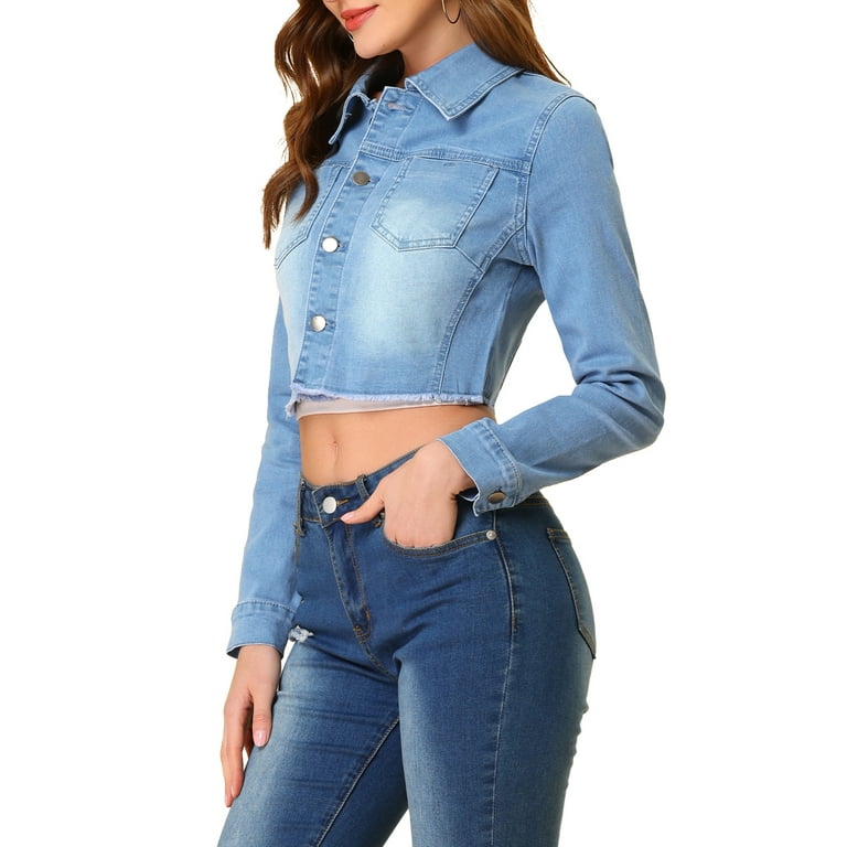 MODA NOVA Juniors Long Sleeves Button up Frayed Hem Cropped Denim
