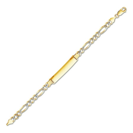 Mens Gold Figaro Bracelet - 14k Yellow Gold Mens Figaro 3+1 White Pave ID Bracelet - 8