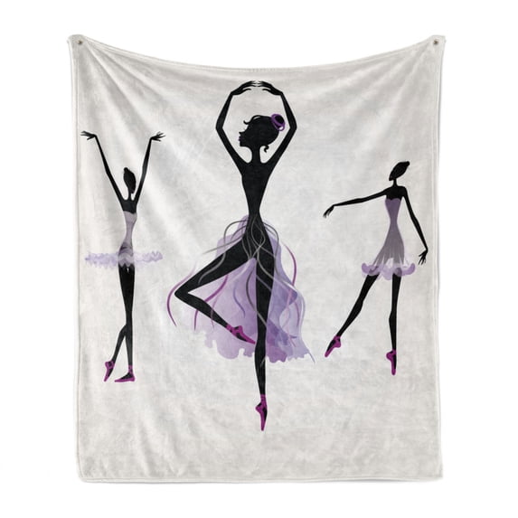 Ballet Soft Flannel Fleece Blanket, Ballerina Silhouettes Practising Classic Dance Performing Theatrical Art, Cozy Plush for Indoor and Outdoor Use, 70" x 90", Off White Black Mauve, by Ambesonne