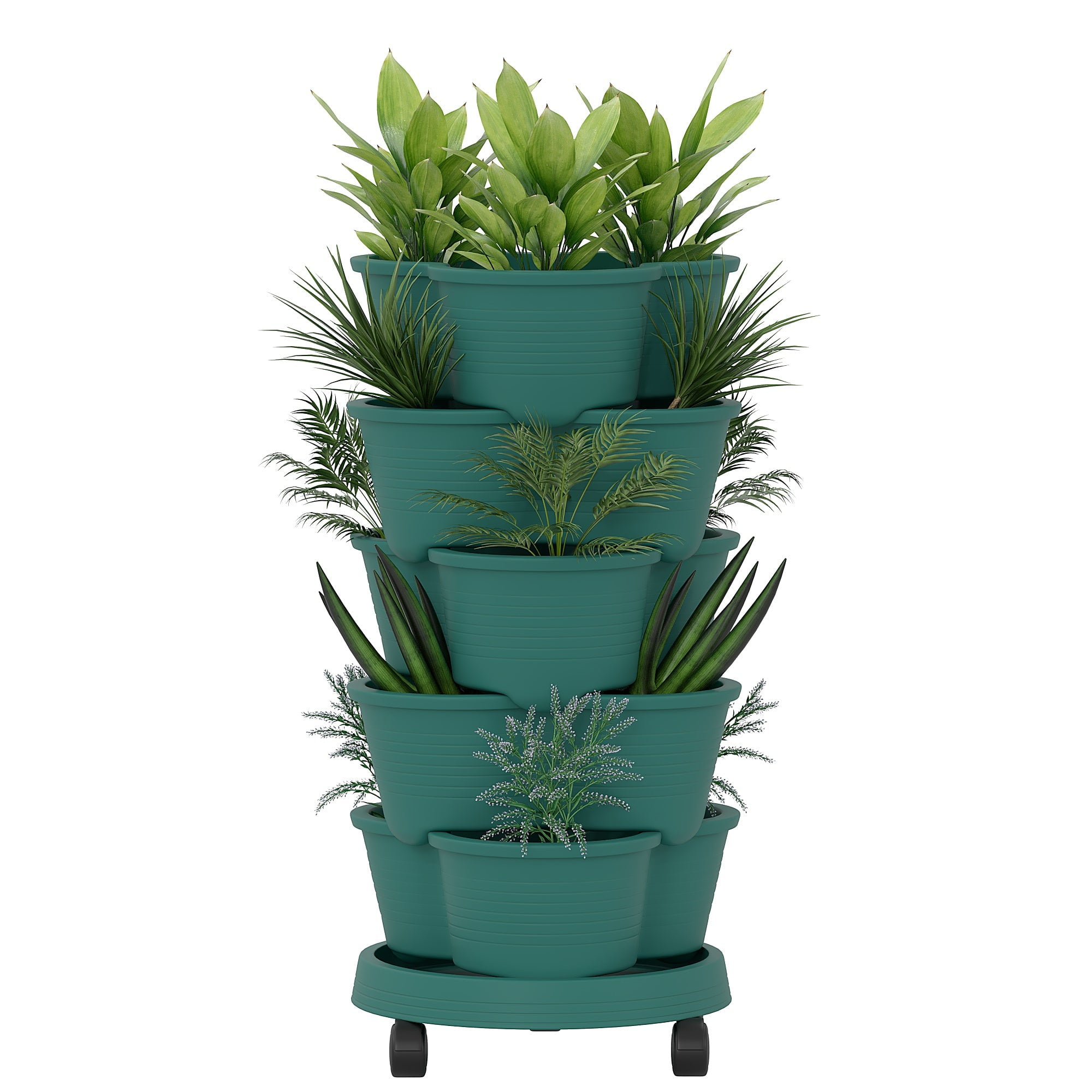 VECELO Stackable Planters 5 Tier Vertical Gardening Planter, Stackable Garden Tower Indoor Outdoor Pot For Strawberries, Flowers, Herbs, Vegetables With Removable Wheels, Dark Green
