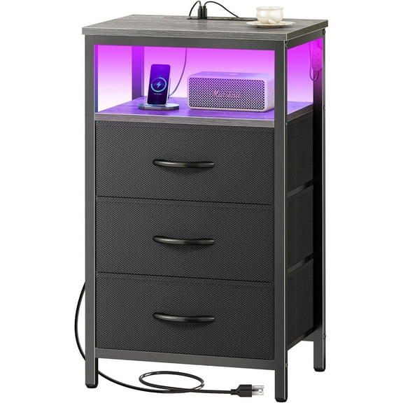 Night Stand with Charger Station and LED Lights, 3 Drawer Nightstand, Bed Side Table with Open Shelf, End Table, Tall Fabric Dresser for Bedroom, Grey