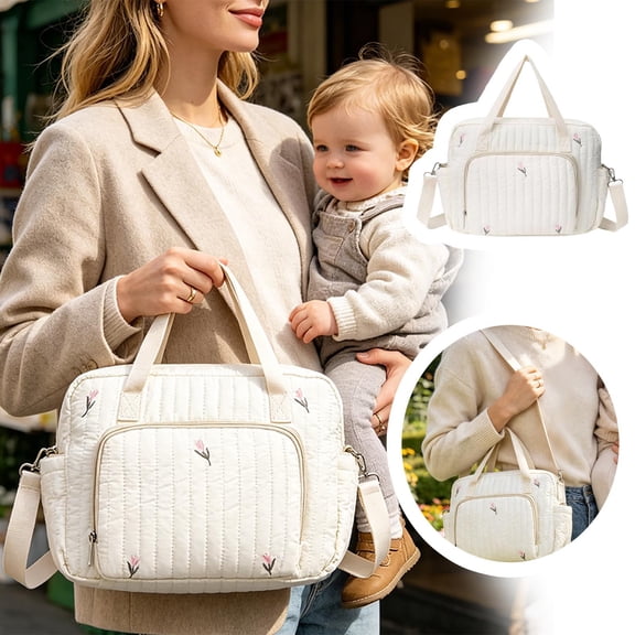 Diaper Bag With Adjustable Strap Quilted Embroidered Tote Bag With Handle Portable Travel Diaper Bag For Outdoor Camping(White-35X29X10Cm)