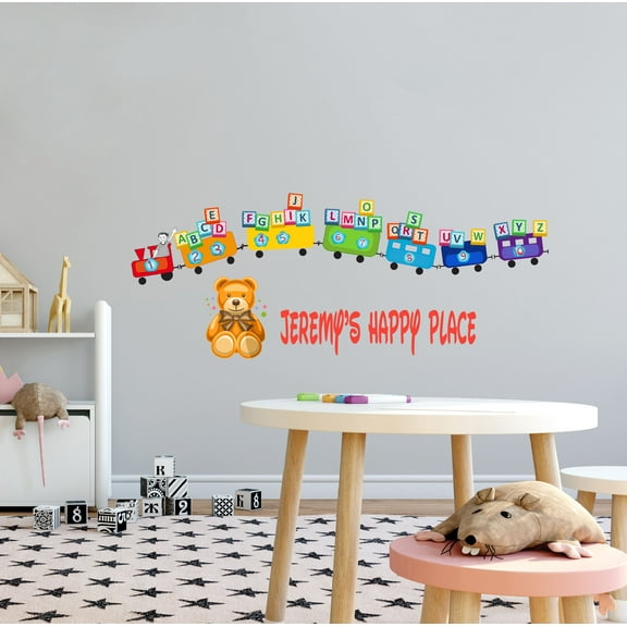 KIDS ROOM - Customized Name Lettering Art Decoration Sticker Teddy Bear Train Toys Design Multicolored Alphabet Cubes Kids Playroom Vinyl Wall Decal 10" x 4"