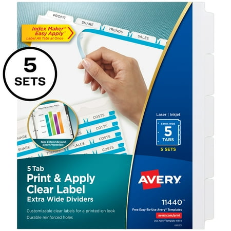 Avery Print & Apply Clear Label Extra-Wide Dividers, Index Maker Easy Apply Printable Label Strip, 5 White Tabs, 5 Sets (11440)