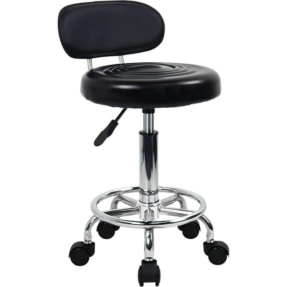 Leather Modern Rolling Stool with Low Back Height Adjustable Work Salon Drafting Swivel Task Chair with Footrest (Black)